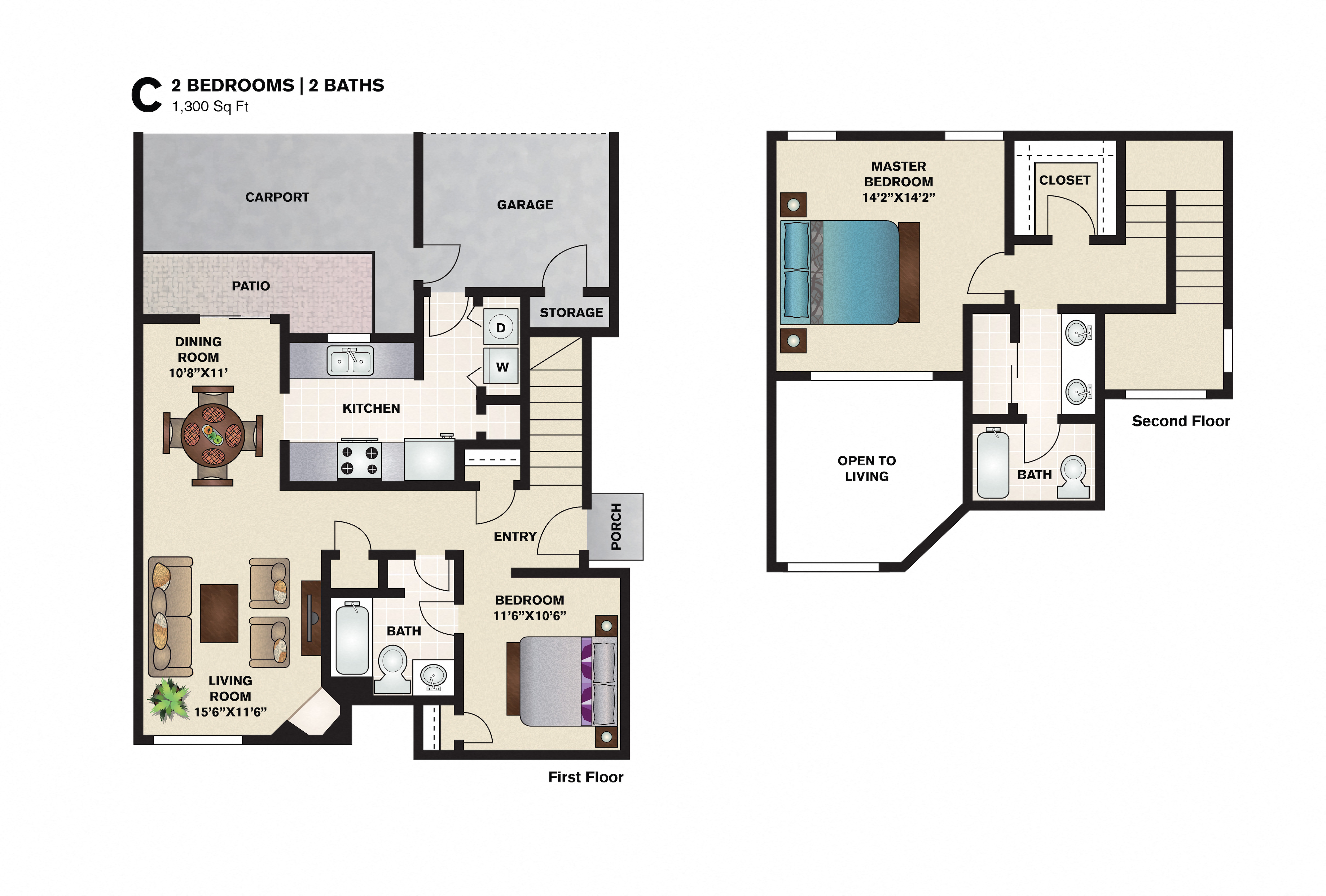 Floor plan for 2 beds, 2 baths, 1300 sqft